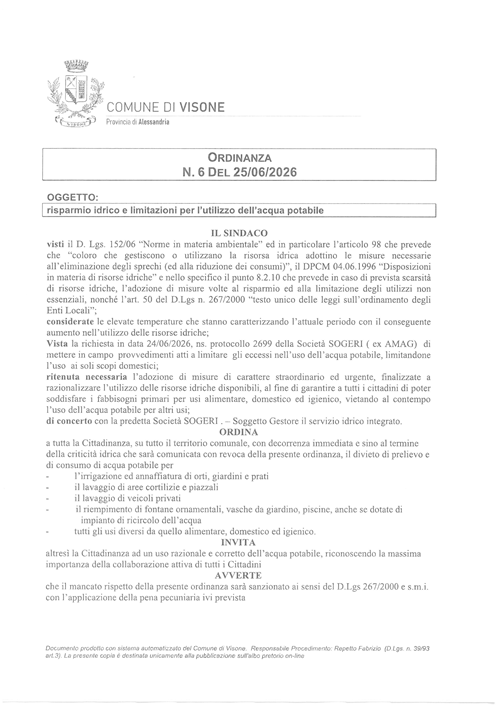 Ordinanza n. 6 del 25/06/2026  risparmio idrico e limitazioni per lutilizzo dellacqua potabile